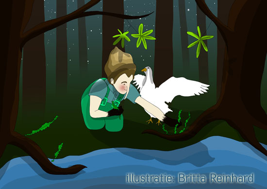 jongen met gans bij water in bos, illustratie Britta Reinhard