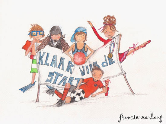 Sportieve kinderen met spandoek, illustratie Francien van Lang