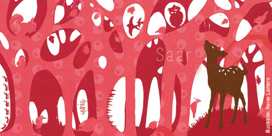 geboortekaartje met bos en hertje, ontwerp van Renie Lamers