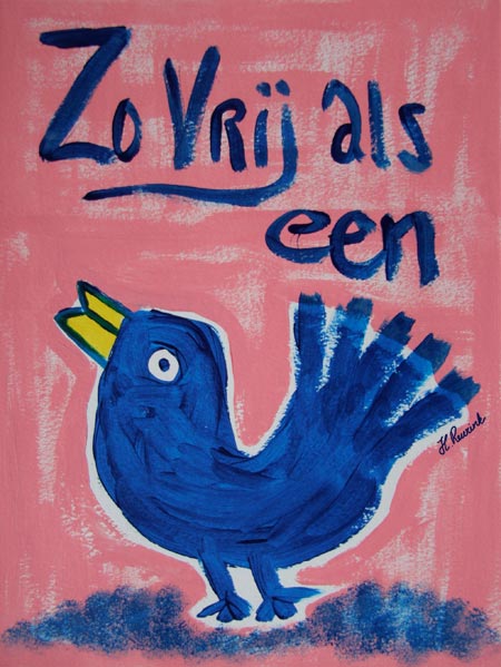 'Zo vrij als een vogel', blauwe vogel geschilderd door Hilde Reurink