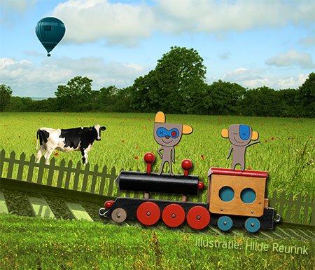 Bikkel en Skip met de trein, mixed media collage van Hilde Reurink