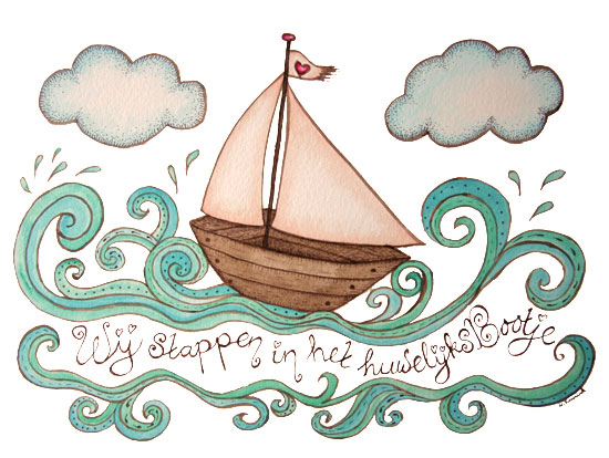 huwelijksbootje, ontwerp trouwkaart, illustratie Hilde Reurink