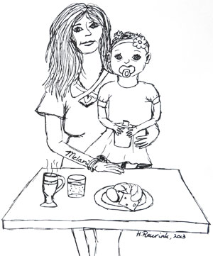 pentekening portret moeder met baby, illustratie Hilde Reurink