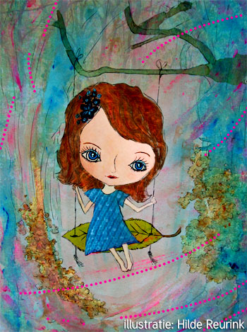 meisje op schommel, mixed media collage van Hilde Reurink