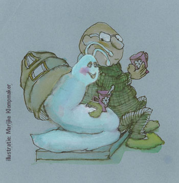 mijnheer Bril met slak, een illustratie van Marijke Klompmaker