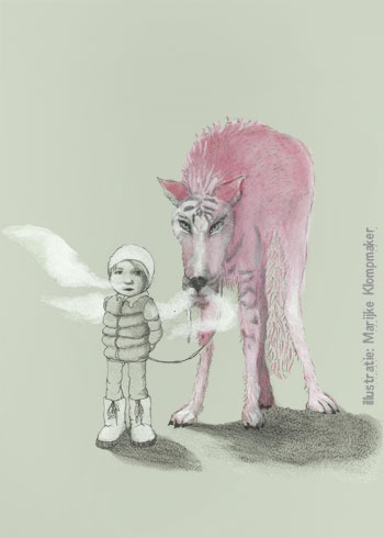 de Kira's, illustratie met meisje en wolf, getekend door Marijke Klompmaker
