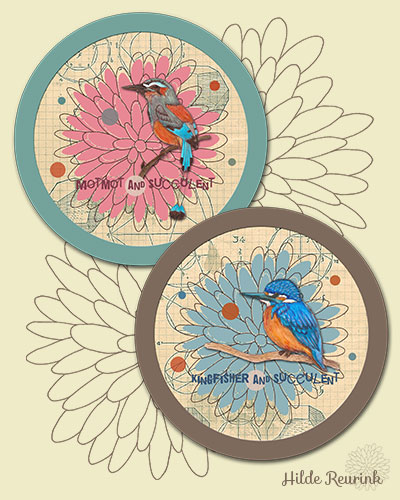 set van 2 borden met vogels en planten, ontwerp Hilde Reurink