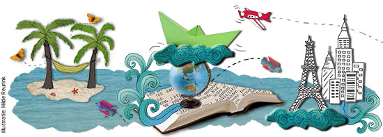vakantie, reizen, illustratie collage voor educatief boek