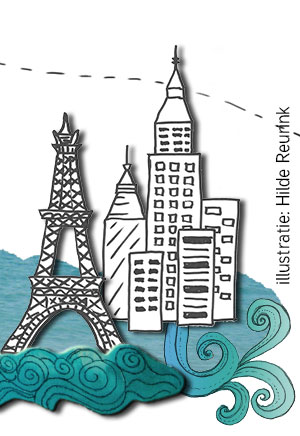vakantie, illustratie, collage, detail met Eiffeltoren en wolkenkrabbers