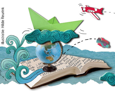 vakantie, illustratie, collage, detail met boek, wereldbol en bootje op golven