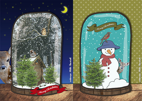 kerstkaarten met sneeuwbol, ontwerp Hilde Reurink